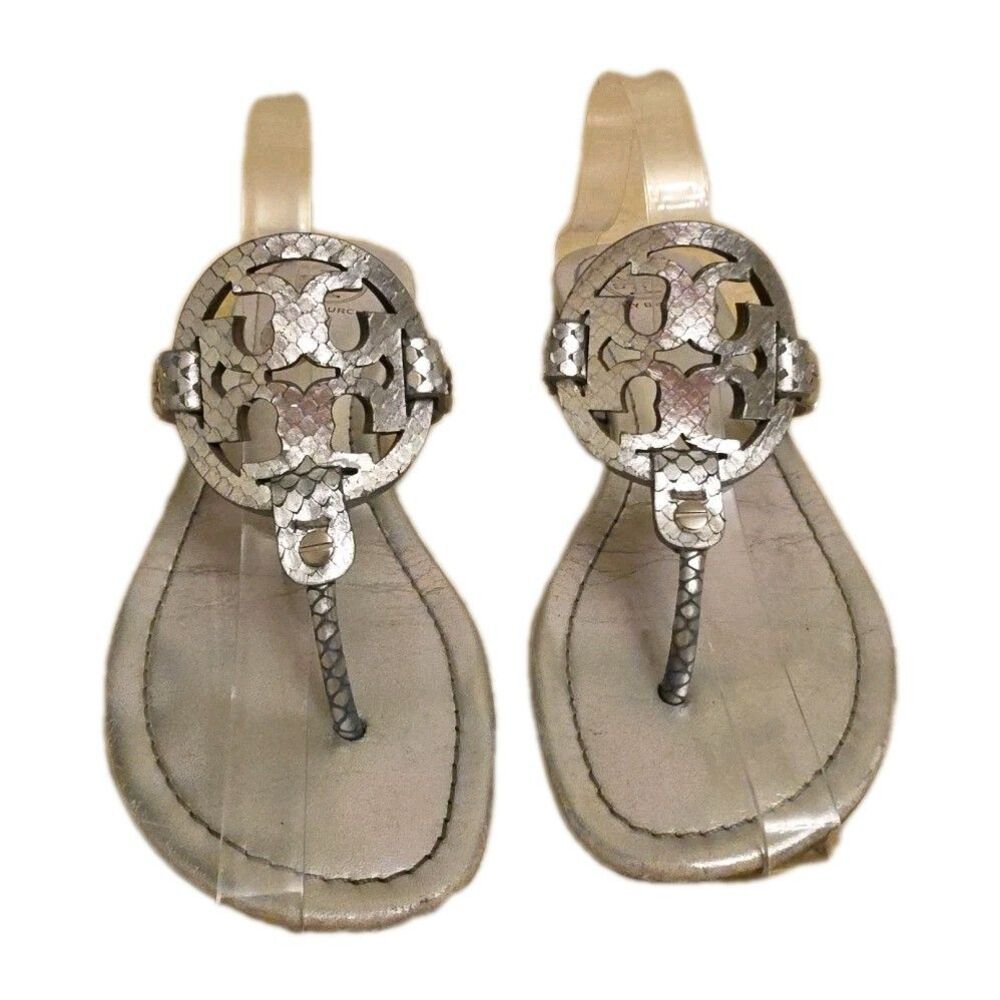 Tory Burch Miller Silver Snake Sandals, Womens Size 7.5 M